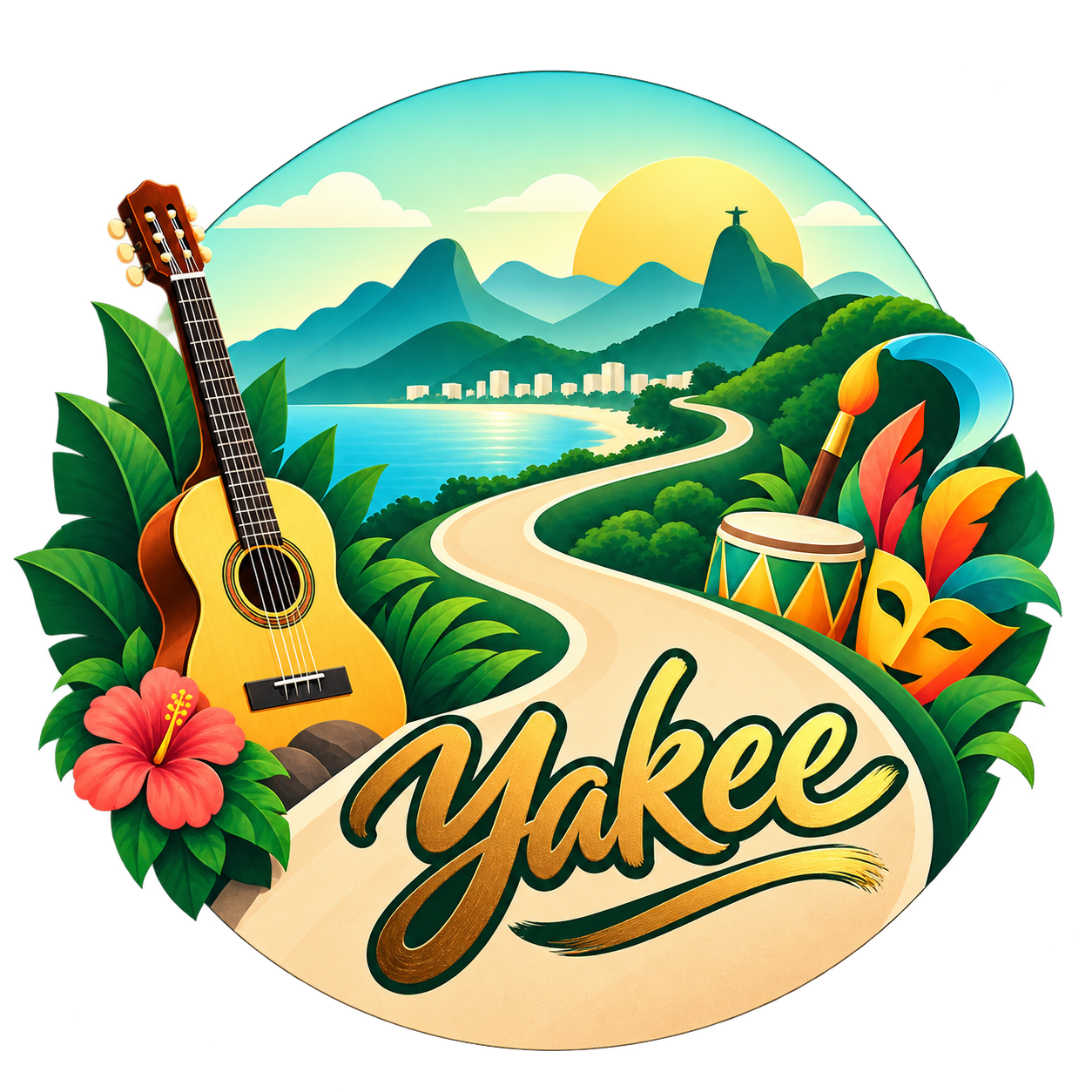Logotipo Yakee: violão, estrada e montanhas, com o nome Yakee em dourado